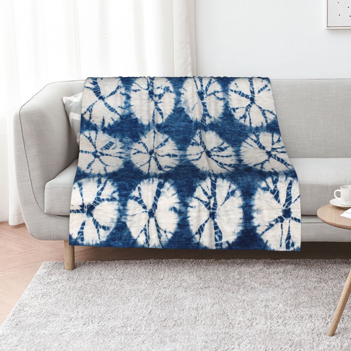 Shibori Tie Dye - シボリサークル、インディゴ、タイダイ柄スローブランケット、フェイクファー、柔らかく暖かいベッド用ブランケット