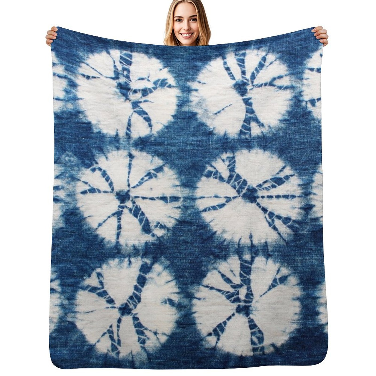 Shibori Tie Dye - シボリサークル、インディゴ、タイダイ柄のスローブランケット、ふわふわで心地良いソファ用ブランケット