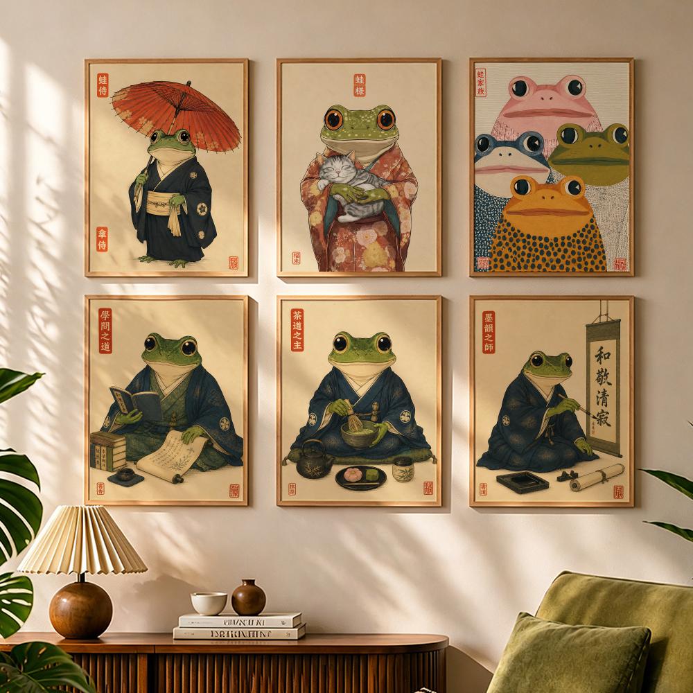 Japanese Lifestyle And Culture - 文化的な日本のカエルの生活スタイル絵画書道キャンバスポスター寝室リビングルームバー廊下家のインテリア壁装飾