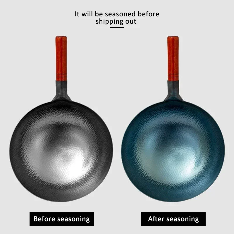 Cast Iron Tetsubin - 伝統的な手作りの鉄製中華鍋、本物のハンマーで鍛造された伝統的な炭素鋼中華鍋、木製とスチール製の補助ハンドル付き、丸底