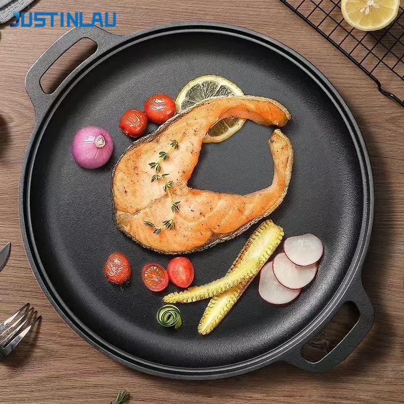 Cast Iron Tetsubin - JUSTINLAU ダブルイヤーフライパン 鋳鉄製卵ステーキスキレット 厚みのあるノンスティックパンケーキ グリル肉用パン ホームバーベキューツール