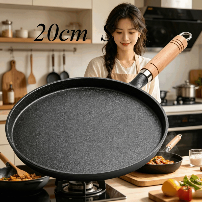 Cast Iron Tetsubin - 20cm 鋳鉄製フライパン 木製ハンドル付き – 無塗装プレシーズン加工済みフライパン（卵、クレープ、ステーキ、パンケーキ用）、ガス＆IH調理器対応