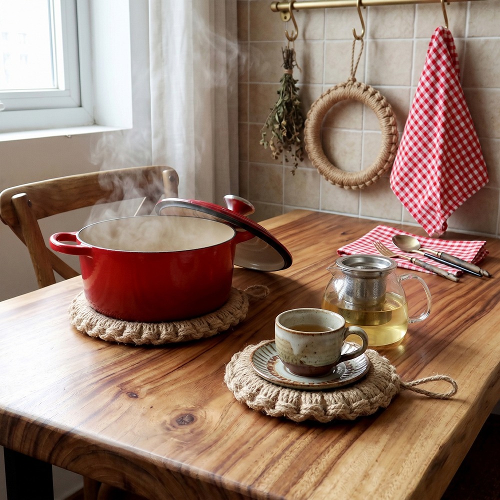 2個入り素朴なジュート織りトリベット、ボヘミアン風ホットパッ - Cast Iron Tetsubin のレビューと価格